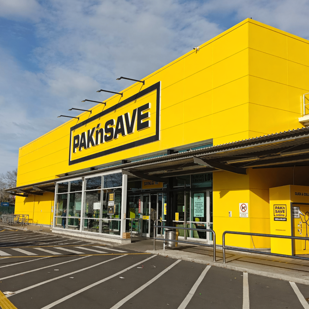 PAK’nSAVE Clarence Street, Hamilton Bright yellow Pak’nSave supermarket exterior with a large black-outlined sign and glass entry doors in the foreground